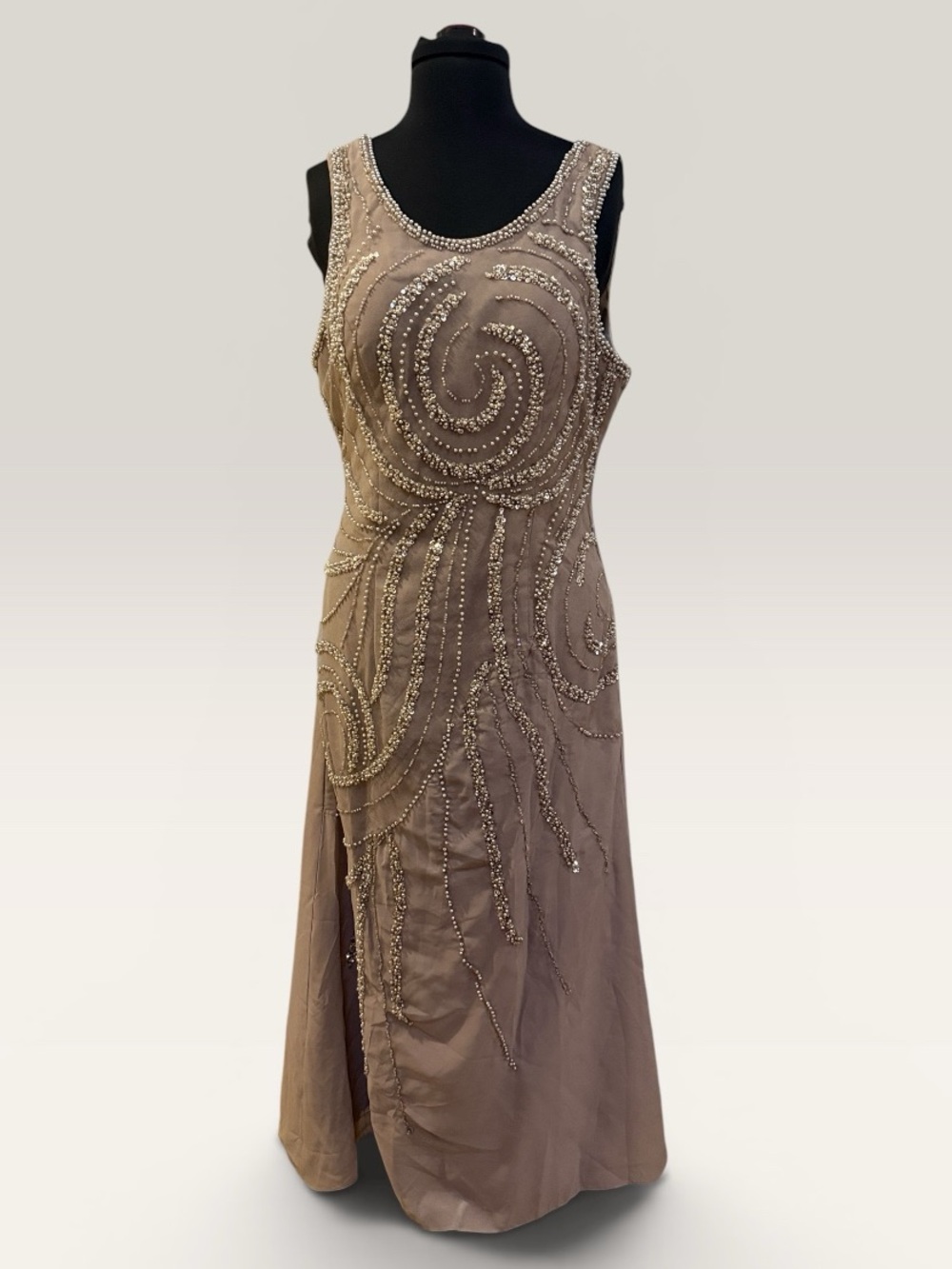 Embellished Taupe Evening Gown Wedding Dress – Sleeveless Beaded